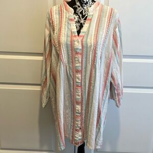 2X CLUB COLLECTION PINK BLUE GREEN TAN BUTTON FRONT AND SLEEVE SWIM SUIT COVERUP